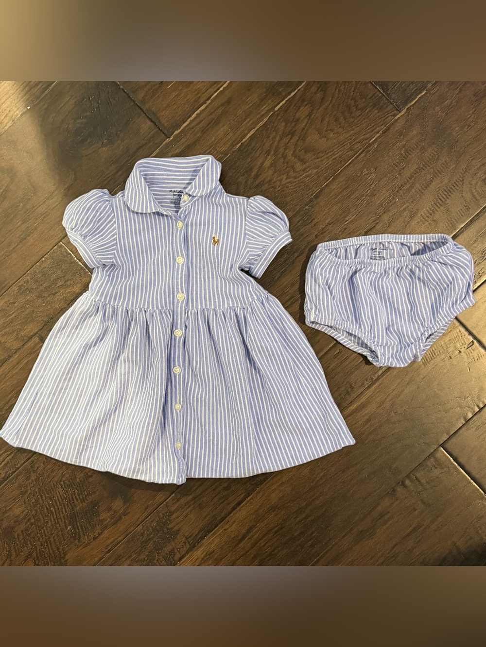 Ralph Lauren blue white stripe button down collar dress with bloomers